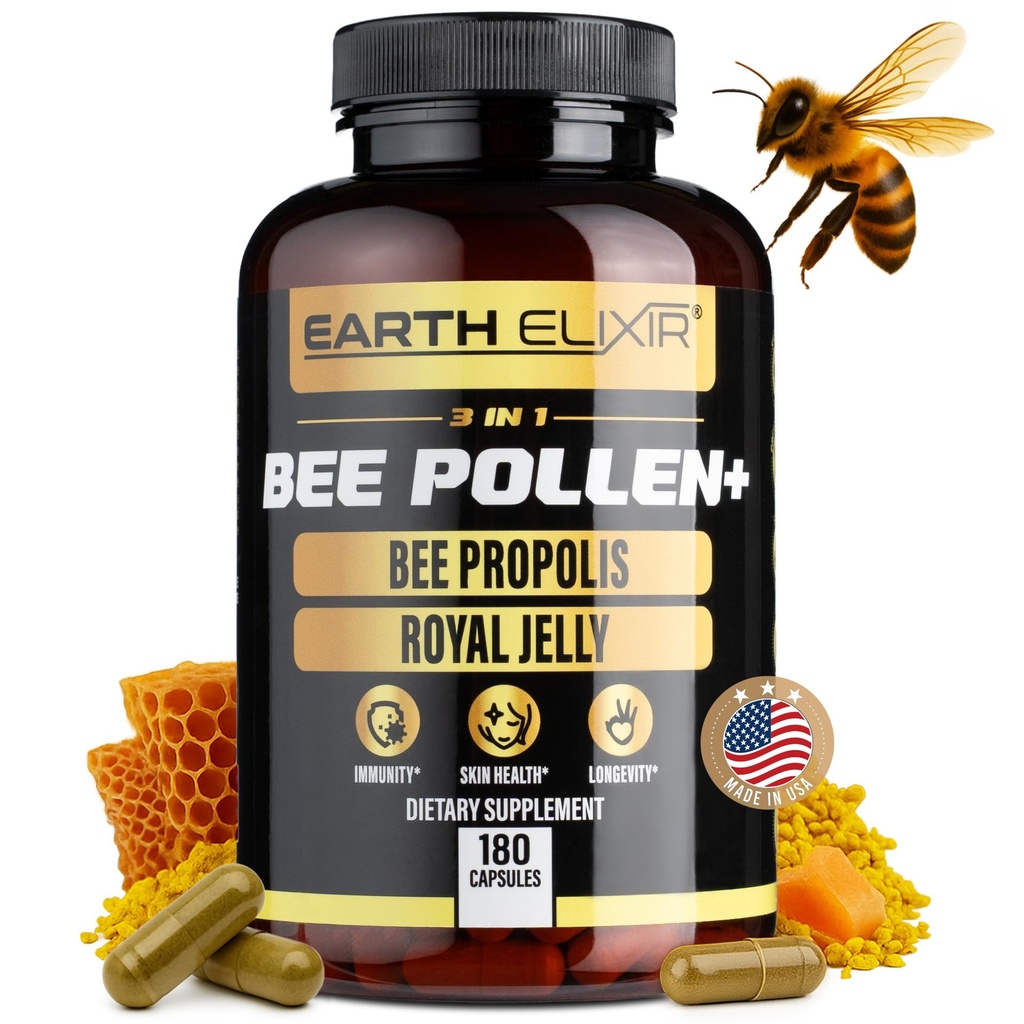 Earth Elixir 3-in-1 Organic Bee Pollen 캡슐 - Non-GMO, Pure Raw Bee Pollen, Royal Jelly, 여성 및 남성을위한 Propolis 추출물 - 자연 에너지, 면역 및 활력 지원 - 180 Propolis 캡슐