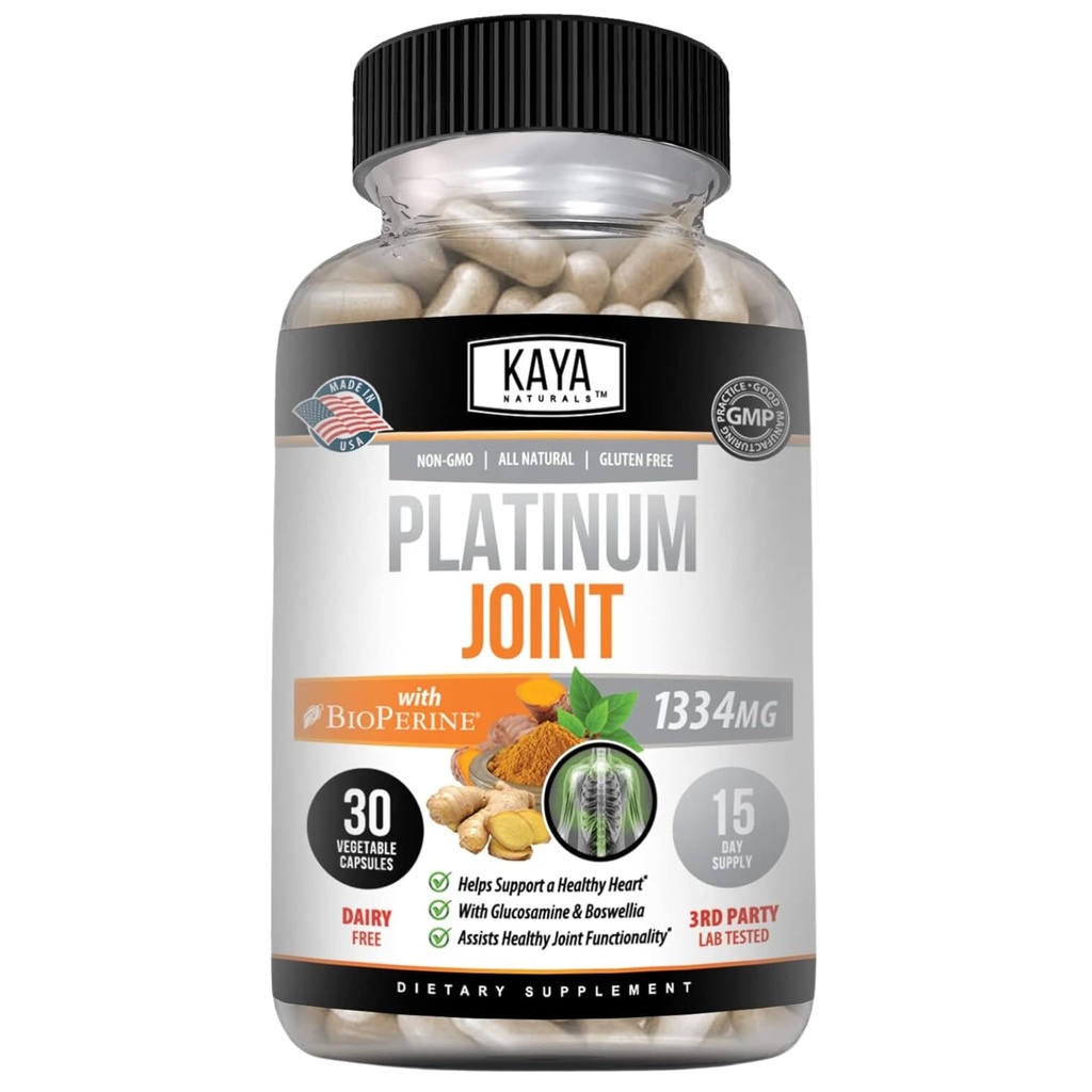 Kaya Naturals Platinum Mobility Turmeric - Bioperine, Glucosamine, Boswellia, 건강한 자연적인 Mobility 지원, Turmeric Curcumin 1334mg - 30의 캡슐