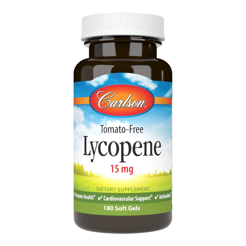 Carlson - Lycopene, 15 mg, 토마토 무료, 전립선 건강 및 순환 지원, 최적의 웰빙, 180 Softgels