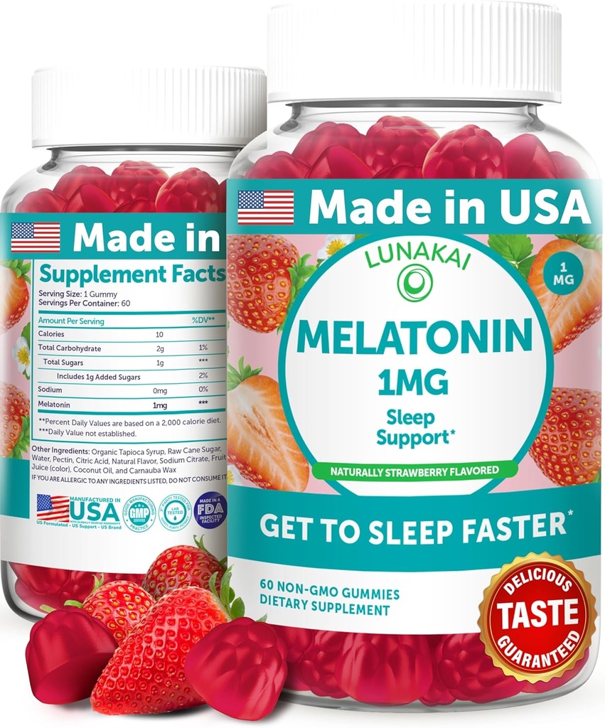 Lunakai USA Made Low Dose Melatonin Gummies 1mg - 성인 및 어린이를위한 Gentle Sleep Aid - 비 GMO, Vegan, 글루텐 - 무료 60 개