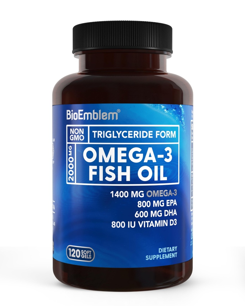 BioEmblem Omega-3 물고기 기름 2000mg - 소형 Softgels, 높은 흡수 모양, 지속가능한 - 비타민 D3, 비 GMO, 심장, 합동, & 뇌 건강 물고기 기름 보충교재, 120 Ct 플러스 1400mg EPA &DHA