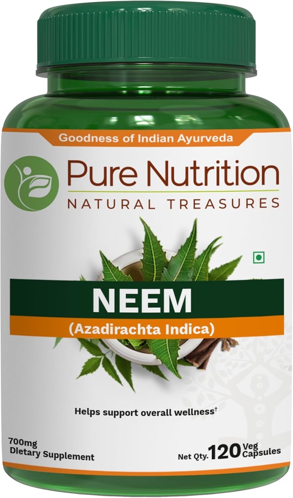 순수한 영양 Neem 캡슐 700mg. (2600mg Neem 잎 분말과 Bark 분말과 동등한) 비 GMO | 한 번 매일 | 120 일 공급.