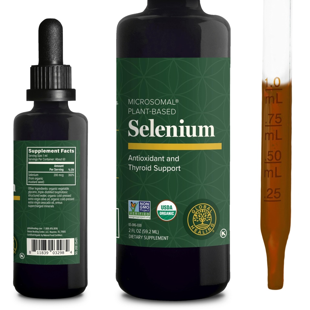 글로벌 치유 센터 - 셀레늄 200mcg, 유기 성분, Thyroid 및 Immune 지원, 비 GMO 및 글루텐 프리, 남성 및 여성을위한 산화 방지제와 셀렌 보충 드롭 - 2 Fl Oz