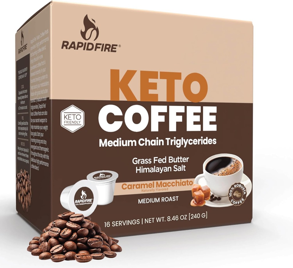 Rapidfire Caramel Macchiato Ketogenic 고성능 Keto 커피 포드, 지원 에너지 & 대사, 무게 관리, 단 하나 Serve K 컵, 브라운, 16 조사