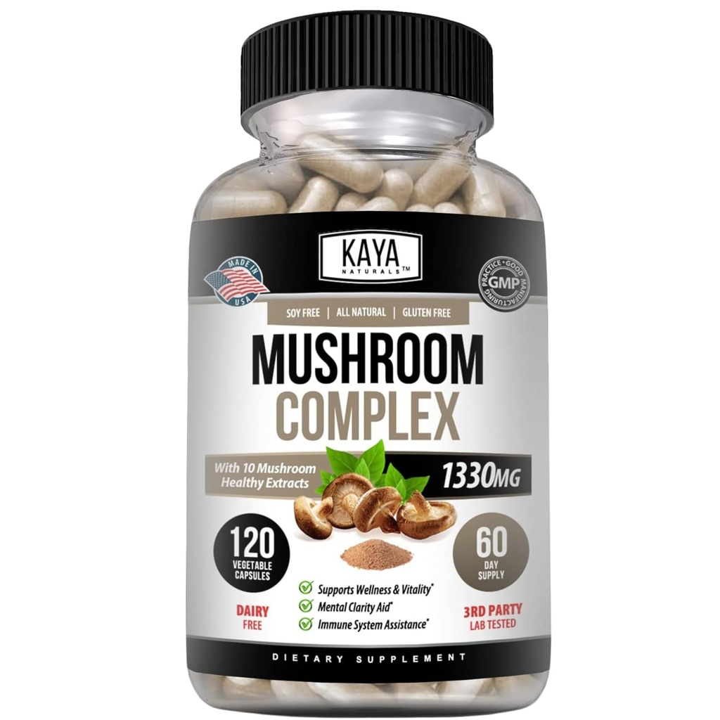 Kaya Naturals Premium Mushroom Complex Potent - 버섯 보충 - 버섯 복합 캡슐 1995mg / 서빙 - Aids Mental Clarity 지원 면역 체계, 웰빙 및 활력 - 120 개