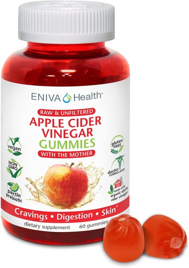 Eniva Health Apple Cider Vinegar Gourmet Gummy Vitamins 60 Ct USDA 유기농 ACV Vegan Gluten 어머니 B9 B12 Beetroot Pomegranate Energy Curb Cravings Detox Cleanse Immunity가있는 무료 비 GMO