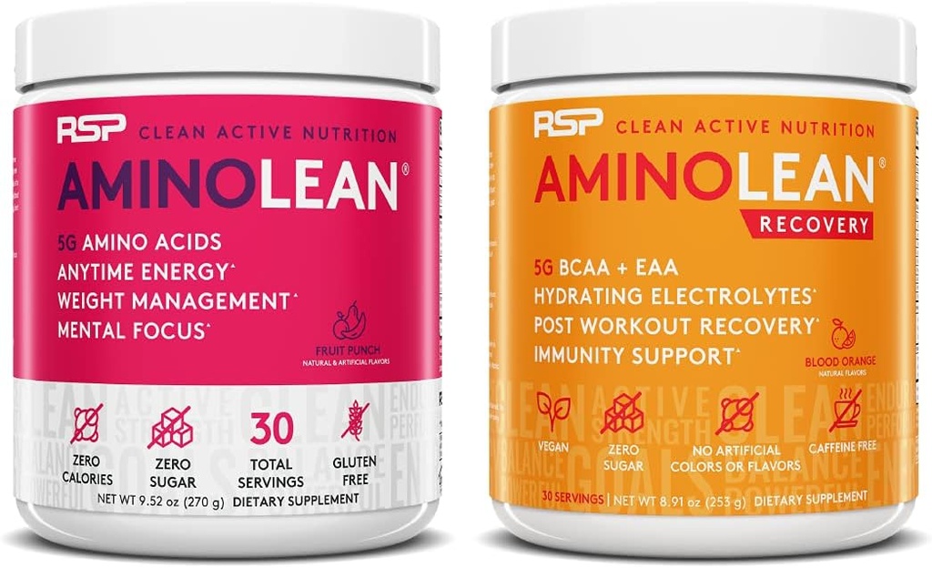 RSP NUTRITION AminoLean Pre Workout Energy (Fruit Punch 30 서빙) AminoLean Recovery Post 운동 부스트 (Blood Orange 30 서빙)