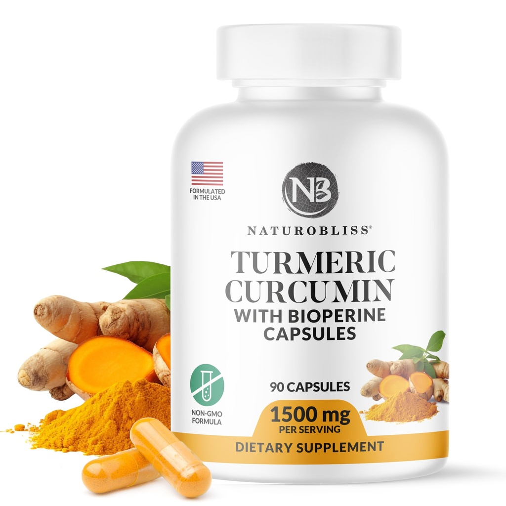NaturoBliss 심황 Curcumin BioPerine 1500mg - 비 GMO - 글루텐 무료 - 90 캡슐