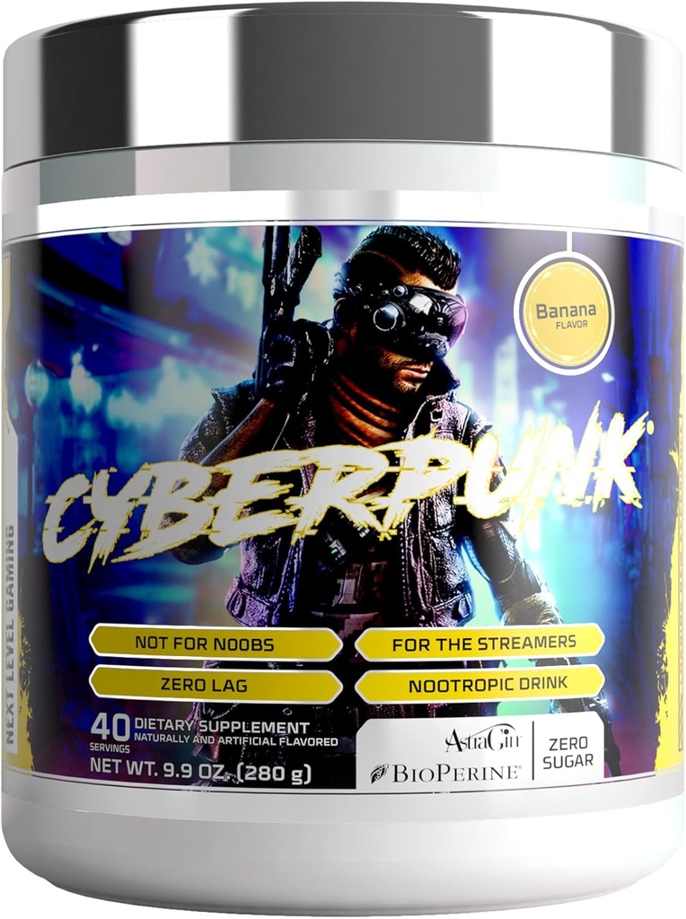 CYBERPUNK 게임 분말 보충 | 에너지 및 초점 Nootropic 음료 | Adaptogen 공식 + 비타민 & 미네랄 | 천연 성분 | 40 인분 (반나)