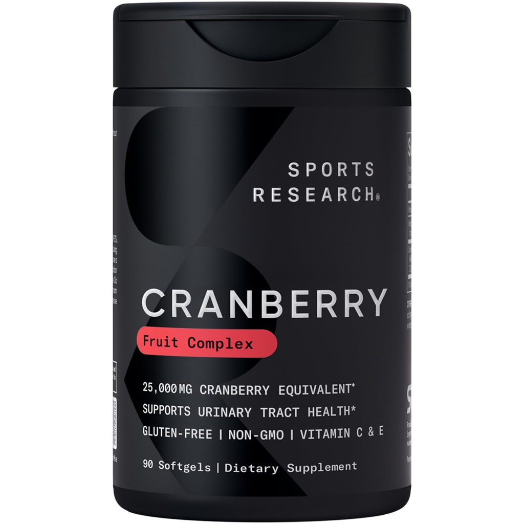 스포츠 연구 크랜베리 과일 단지 보충 - Urinary Tract 건강 지원을 위한 Softgels - 크랜베리의 25,000mg에 동등한 것, Pacran & 비타민 C & E로 만드는 - 비 GMO & 글루텐 자유로운 - 90 조사