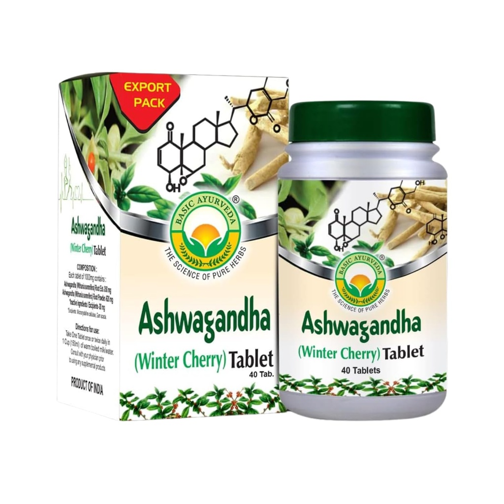 BASIC AYURVEDA Ashwagandha Tablets - 1000mg | Winter Cherry Herbal Supplement | 일일루틴 식물 기반 공식 | 남성용 자연 뿌리 추출물 | 40 정제