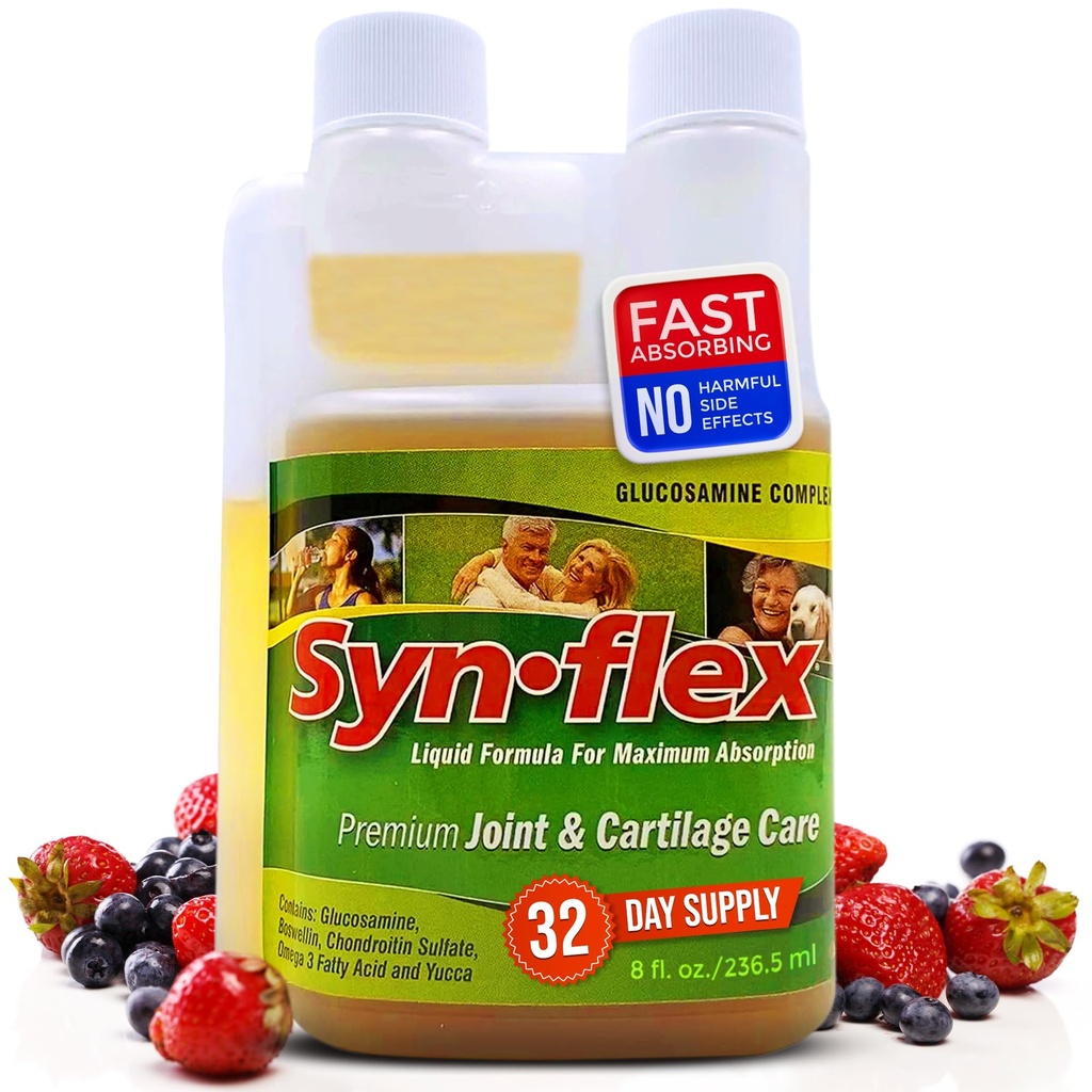 Synflex Liquid Glucosamine Original Formula - Chondroitin, Vitamins, Minerals - 남성 및 여성을위한 음료 보충, 지원 관절 및 연골 건강 - Berry 풍미, 32 일 공급