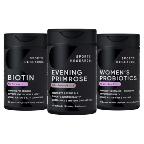 스포츠 연구 찬 압박된 기름에서 저녁 Primrose 보충교재, Vegan Biotin 10,000mcg는 Prebiotics, 65 Billion CFU를 가진 코코넛 기름 & 여자의 Probiotics를 가진 Biotin 10,000mcg