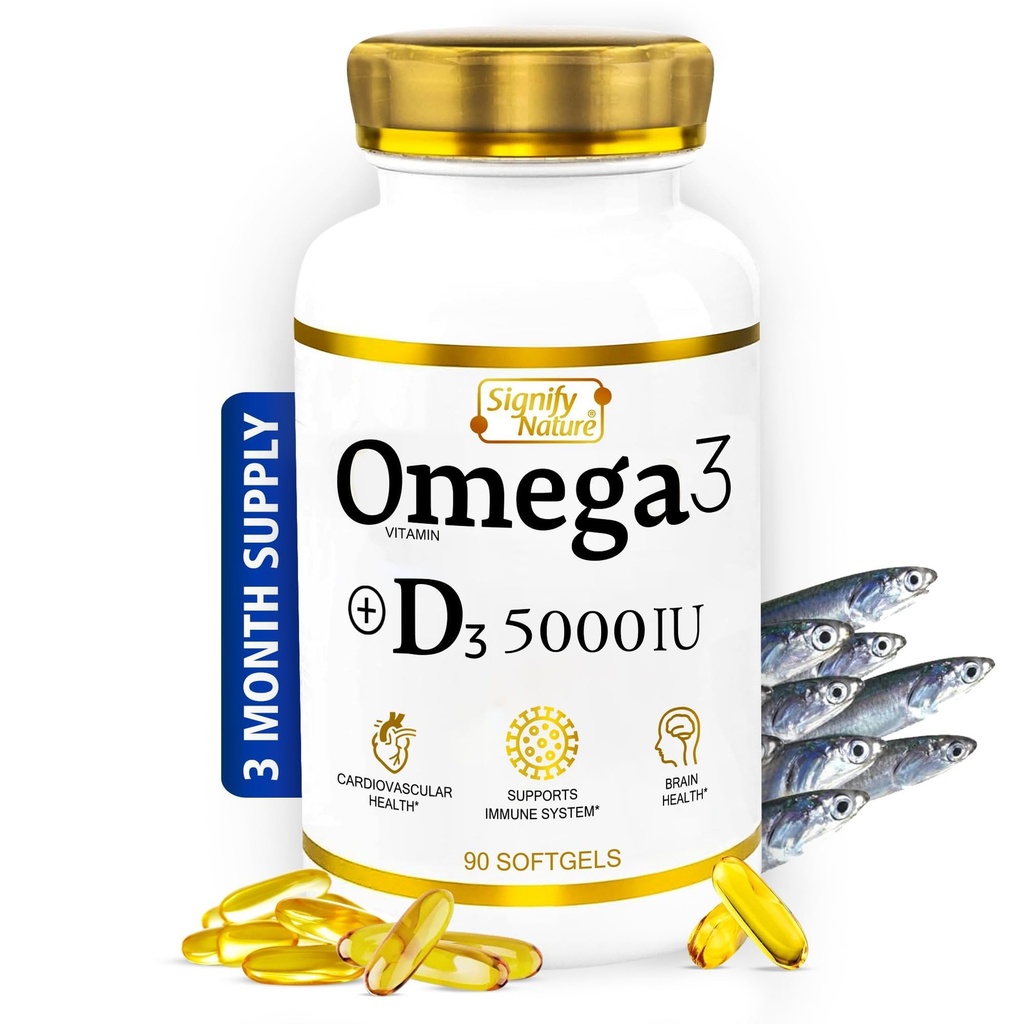 SIGNIFY NATURE Omega 3 비타민 D3 5000 IU - 뇌 건강을 위한 1000mg Triglyceride 캡슐 - Omega3 EPA DHA + VIT D 3-90CT를 가진 물고기 기름 보충교재