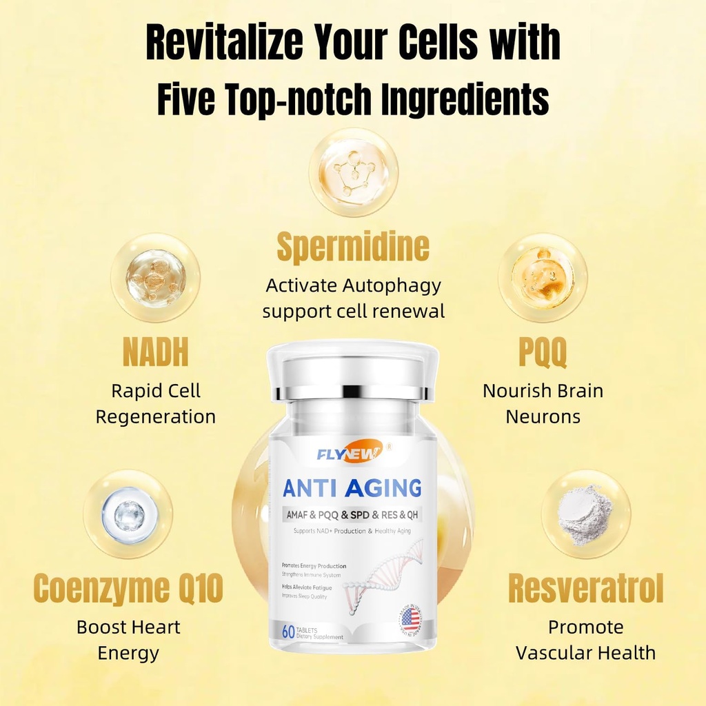 노화 방지, Resveratrol, NADH & PQQ, 건강한 머리, 피부 및 못, 세포질 건강, spermidine, Ubiquinol, 미국 60 캡슐에서 만드는 GMP
