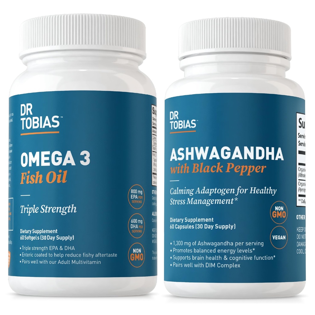 Tobias Omega 3 물고기 기름과 Ashwagandha 캡슐, 지원 전반적인 웰빙 & 균형 에너지 & 탄력, 비 GMO
