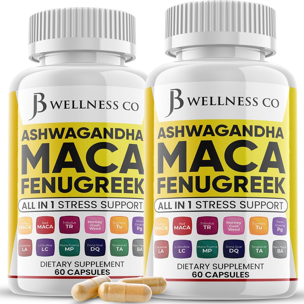 Ashwagandha Maca Root Fenugreek Supplement with Tongkat Ali Ginseng - Mood & Thyroid Health와 함께 도움 - 미국에서 만든 - 120 조사