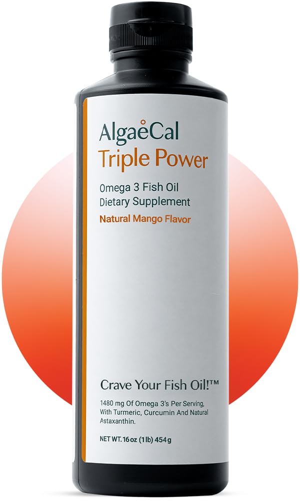 ALGAECAL 세 배 힘 1200mg EPA & DHA 오메가 3 물고기 기름 보충교재, 지원 뇌, 심장, 피부 & 뼈, 액체 유화액 망고 맛, Burp-Less, 미국에서 만드는 설탕 자유로운