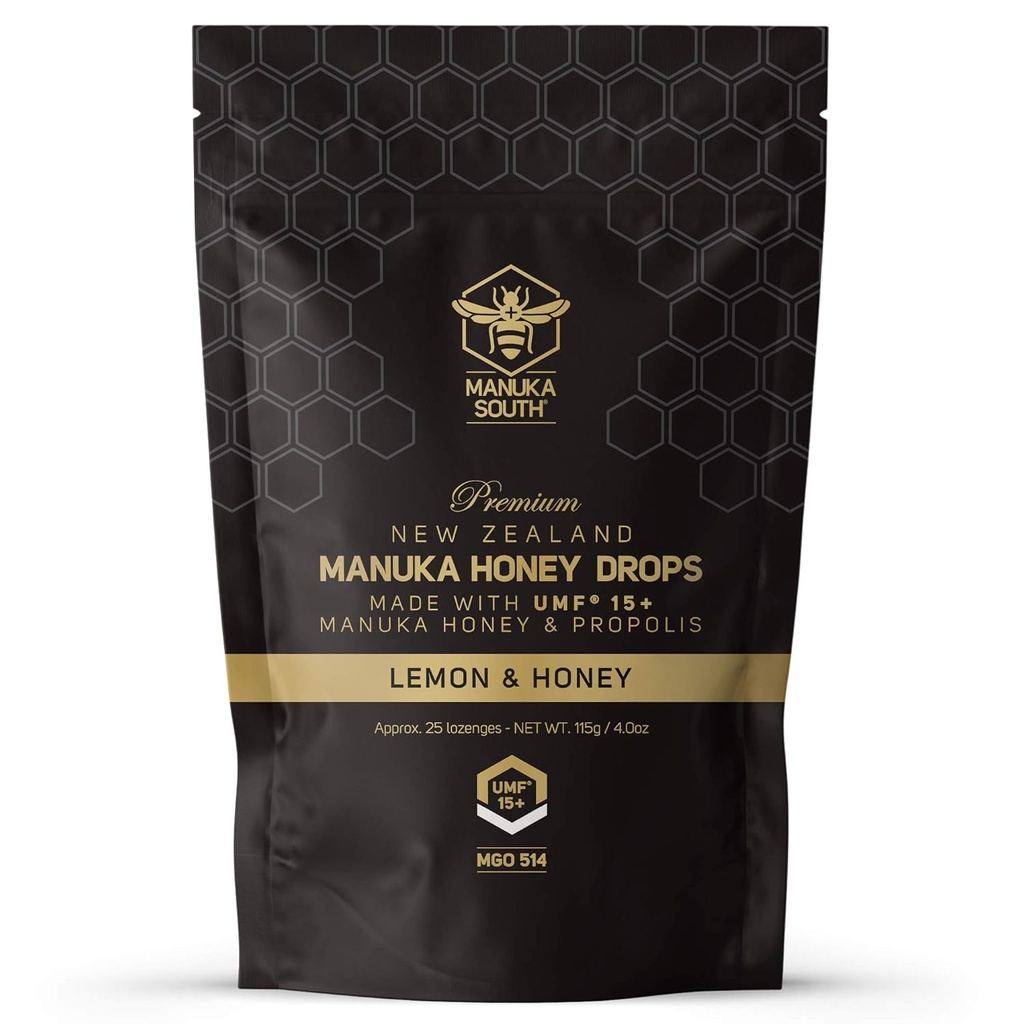 Manuka Honey Drops UMF 15 + / MGO 514 + & Propolis Drops 뉴질랜드에서 만든 – 천연 성분 – Soothing Drops – 레몬 & 꿀 맛 - 25 Drops
