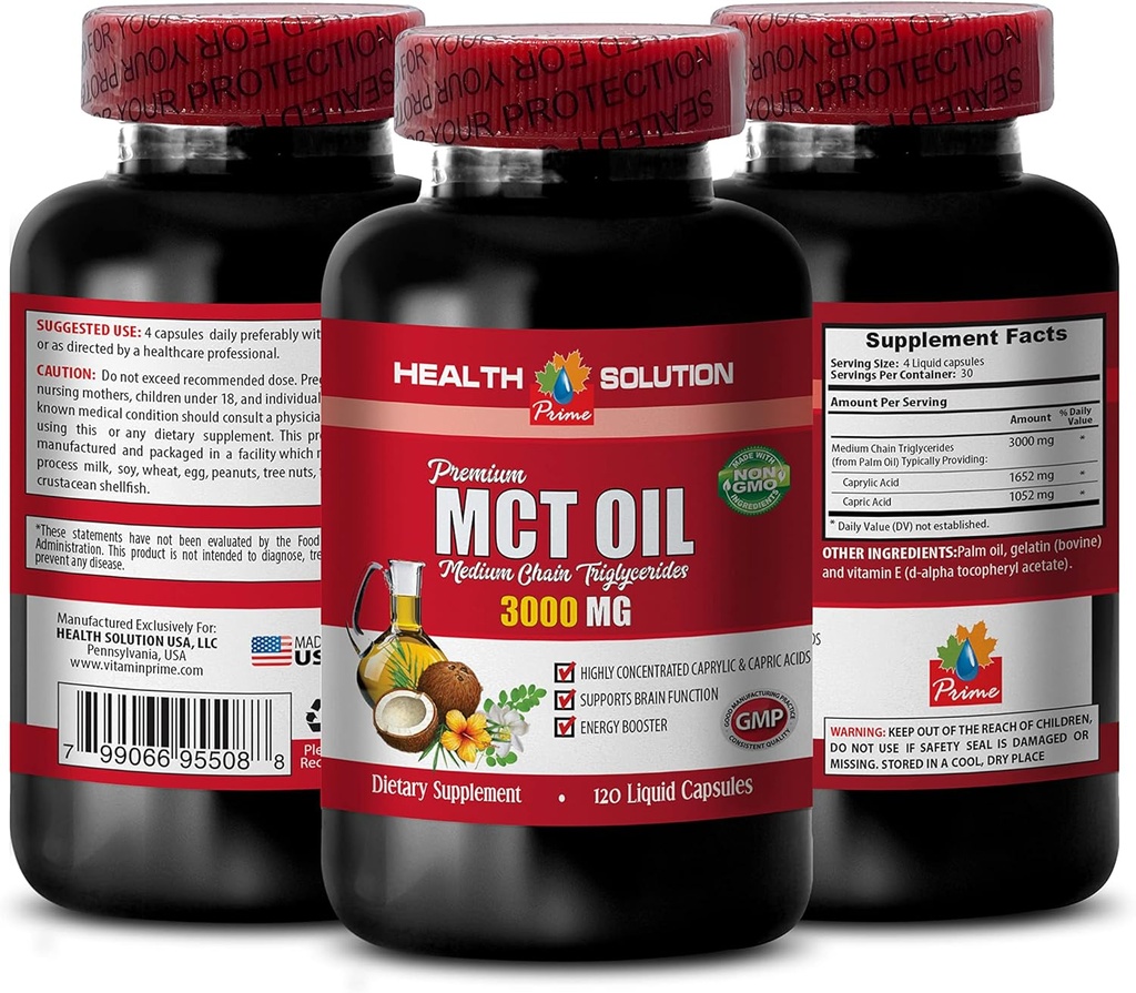 에너지 지원 보조 식품 - MCT 오일 3600MG, 100 % 순수, 중간 체인 트리글리세라이드 - 코코넛 오일, mct 오일, 메모리 용 mct 오일, 두뇌 용 mct 오일, mct 코코넛 오일 - 1B 120Soft