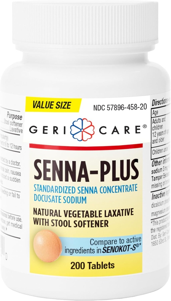 GeriCare Senna Plus Stool Softener, Docusate Sodium 50mg, Sennosides 8.6mg, 200 정제 (1 팩)