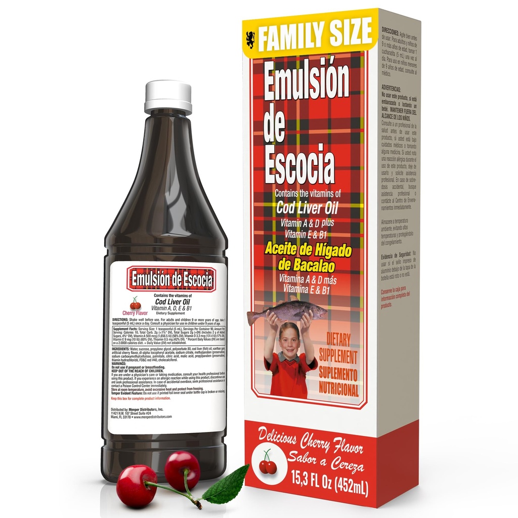Emulsión de Escocia with Cod Liver Oil – 체리 맛 – 비타민 A, D, E & B1 Immune and Liver Support – 아이를 위한 액체 보충 – 15.3 Fl Oz | 1-Pack