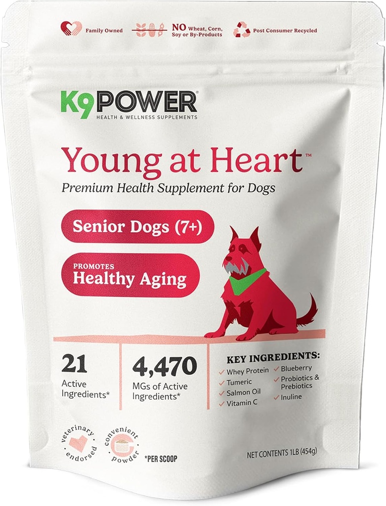 K9 Power Young at Heart Senior Dog Multivitamin 1 lb - 수석을위한 고급 보충 - 뇌, 심장, 비전, 관절 건강 및 이동성 지원