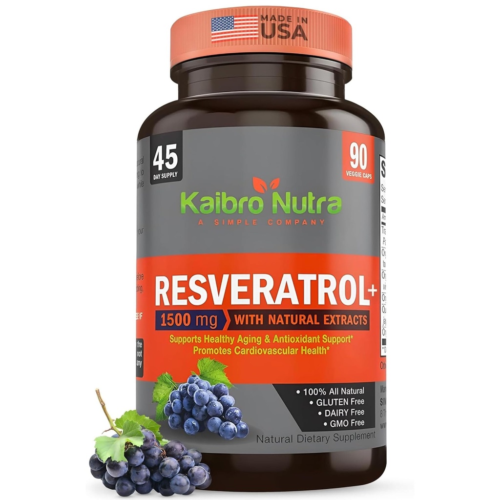 Kaibro Nutra Resveratrol 보충교재, 1500mg 여분 힘 Trans Resveratrol, 일본 Knotweed 추출물, 노화 방지, Radiant 피부 및 면역력 지원, Vegan & 비 GMO, 90의 캡슐을 가진 Quercetin