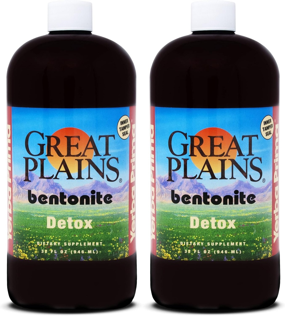 Yerba Prima Great Plains Bentonite - 32 온스 (팩 2) - 천연 클렌징을위한 내부 액체 클레이 보충