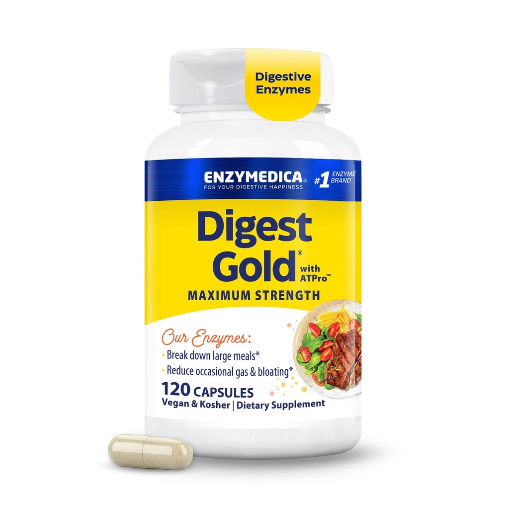 Enzymedica Digest Gold + ATPro, 최대 강도 소화 효소, 가스 및 Bloating, 120 캡슐에 대한 Digest 대형 식사, 도움