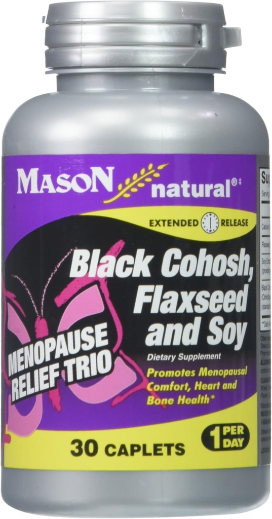 MASON NATURAL Menopause Trio : Black Cohosh, Flaxseed, & Soy (Extended Release) - 5 월 Alleviate 핫 플래시 & 나이트 스웨터 *, 건강한 호르몬 밸런스 *, 30 캡슐 지원