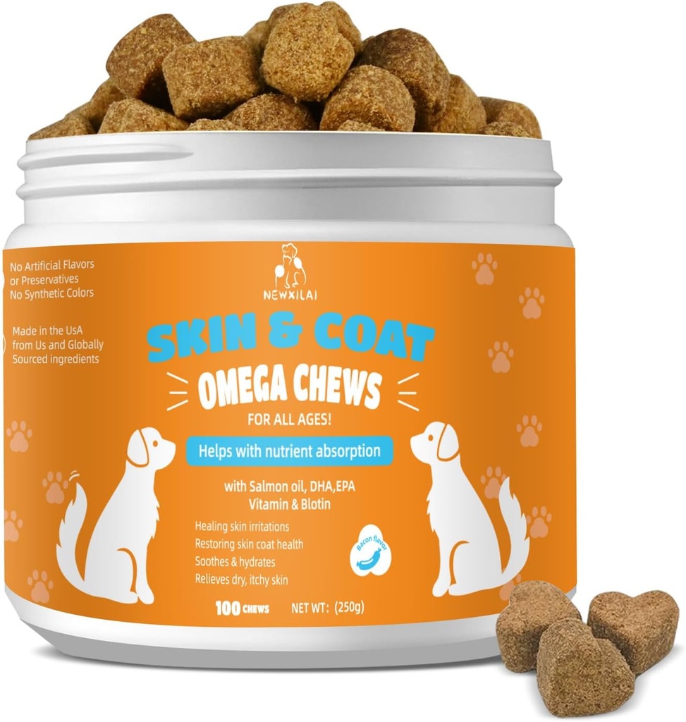 개를위한 피부와 코트 Chews - Itchy Skins Dog Supplement Support Hot Spots Comfort and Shedding Allergy Joint Health with Omega 3 Fish Oil, EPA 및 DHA Fatty Acids, 베이컨 맛 100 카운트 Softs Treat