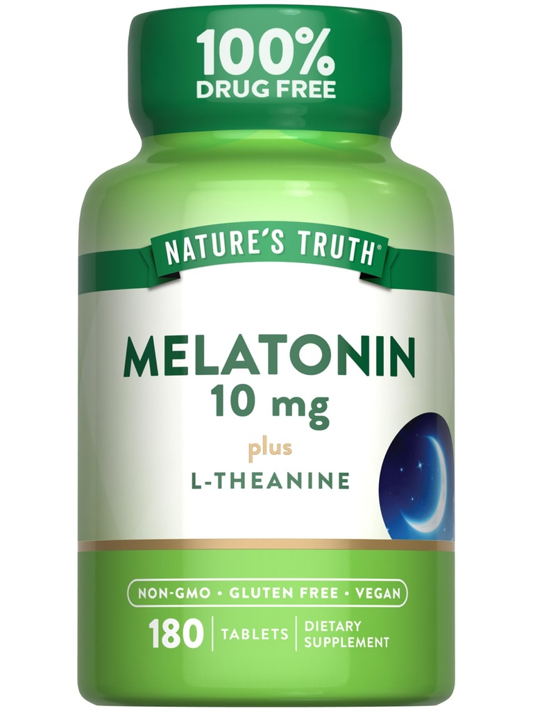 자연의 진실 멜라토닌 정제 | 10mg | 180 Count | L-Theanine | 100 % Drug Free Supplement for Adults | Vegan, Non-GMO & 글루텐 무료 보충