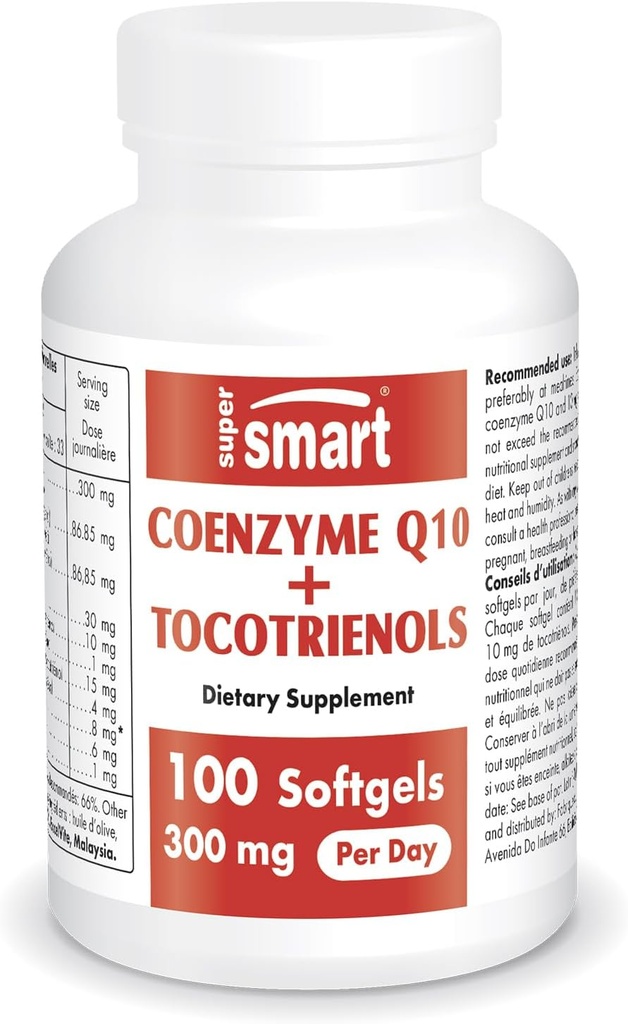 Supersmart - Coenzyme Q10 + Tocotrienols 하루 300mg (Patented & Bioavailable) - Tocotrienols가있는 CoQ10 보충 - 팜 오일 추출물 | Non-GMO 및 글루텐 무료 - 100 Softgels