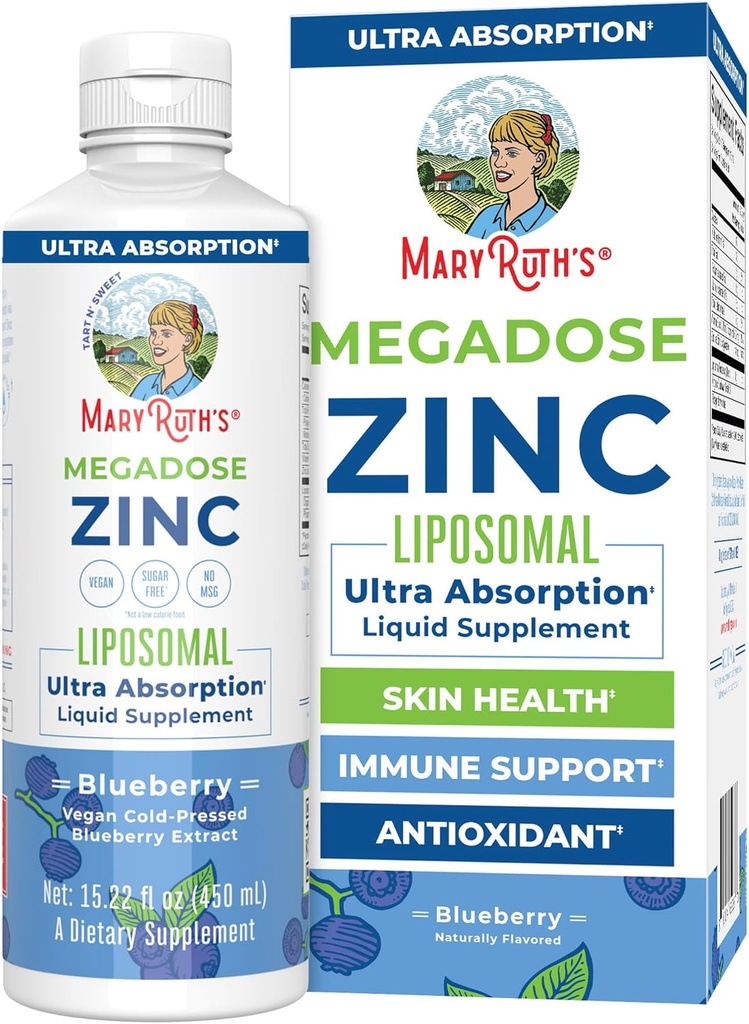 MaryRuth Organics Nutritional Supplement | 비타민 E가있는 Liposomal 액체 아연 보충 | 전반적인 건강 및 피부 관리 | Blueberry | Vegan, Non-GMO, 글루텐 무료, 설탕 추가 | 15.22 Fl Oz