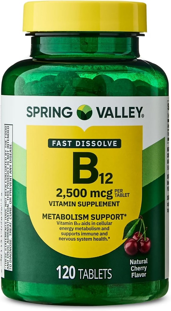 스프링 밸리, 비타민 B12 2500 MCG, B12 Quick-Dissolve 체리 맛 정제 다이어트 보충교재, 비타민 B12, 120 조사 - 새로운 보기 (1의 포장)