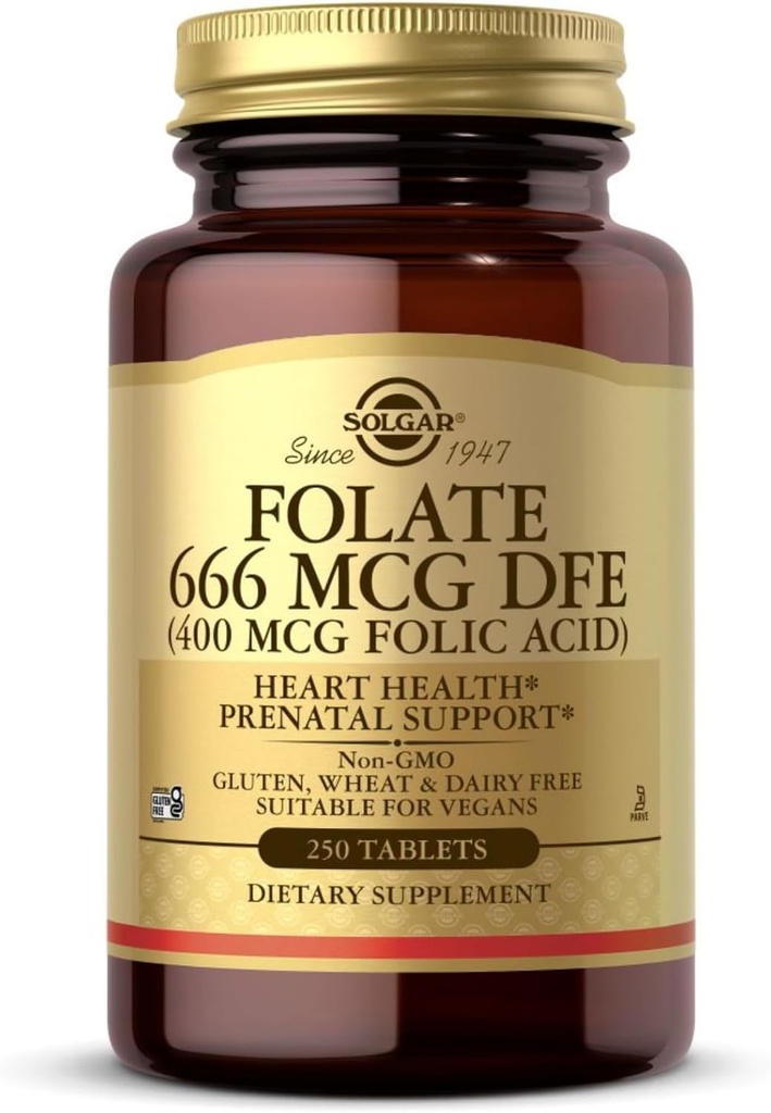 Solgar Folate 666 mcg DFE (Folic Acid 400 mcg) - 250 정제 - Prenatal Support - Non-GMO, Vegan, Gluten Free, Dairy Free, Kosher - 250 서빙