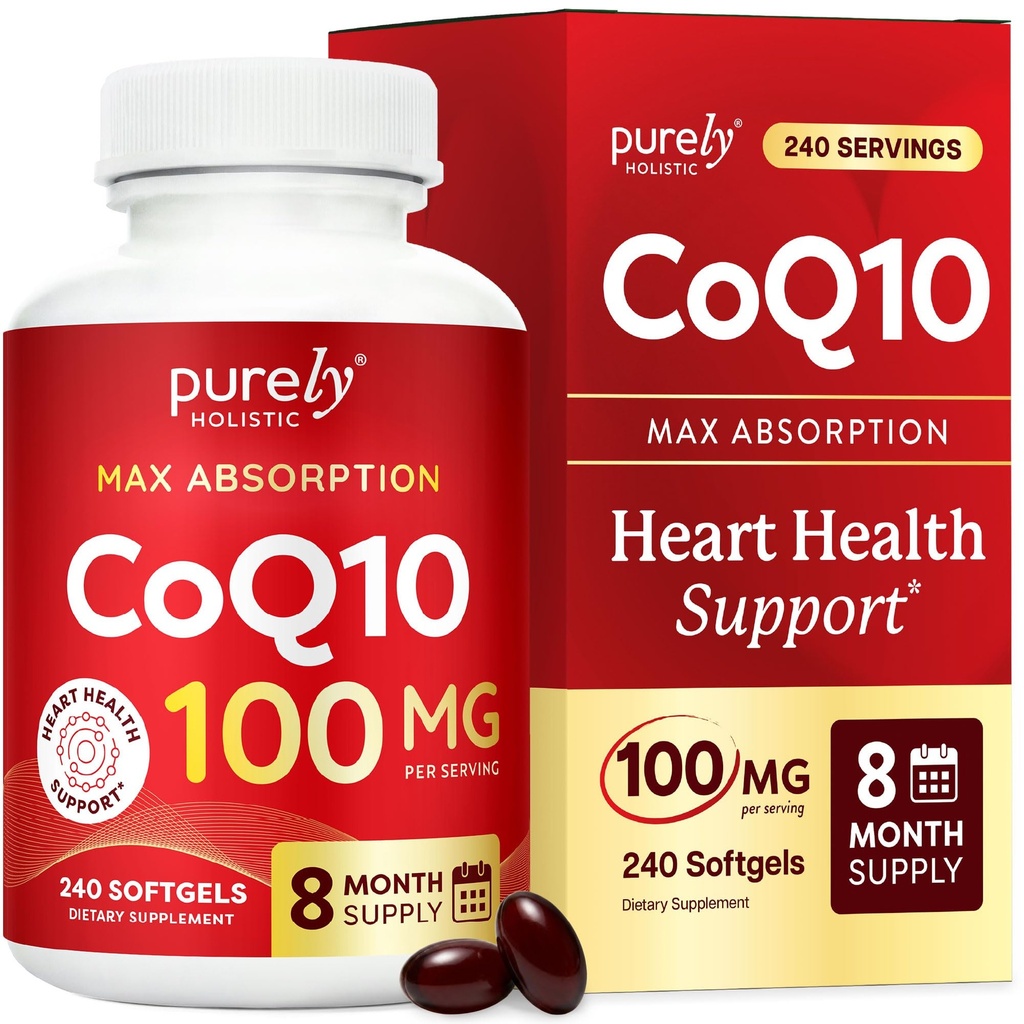 Purely Holistic CoQ10 100mg - 240 SoftGels - 8 개월 공급 - Ubiquinone Coenzyme Q10 보충 - 유기 올리브 오일 - Soy Free Co Q 10 - 미국에서 제작