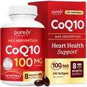 Purely Holistic CoQ10 100mg - 240 SoftGels - 8 개월 공급 - Ubiquinone Coenzyme Q10 보충 - 유기 올리브 오일 - Soy Free Co Q 10 - 미국에서 제작
