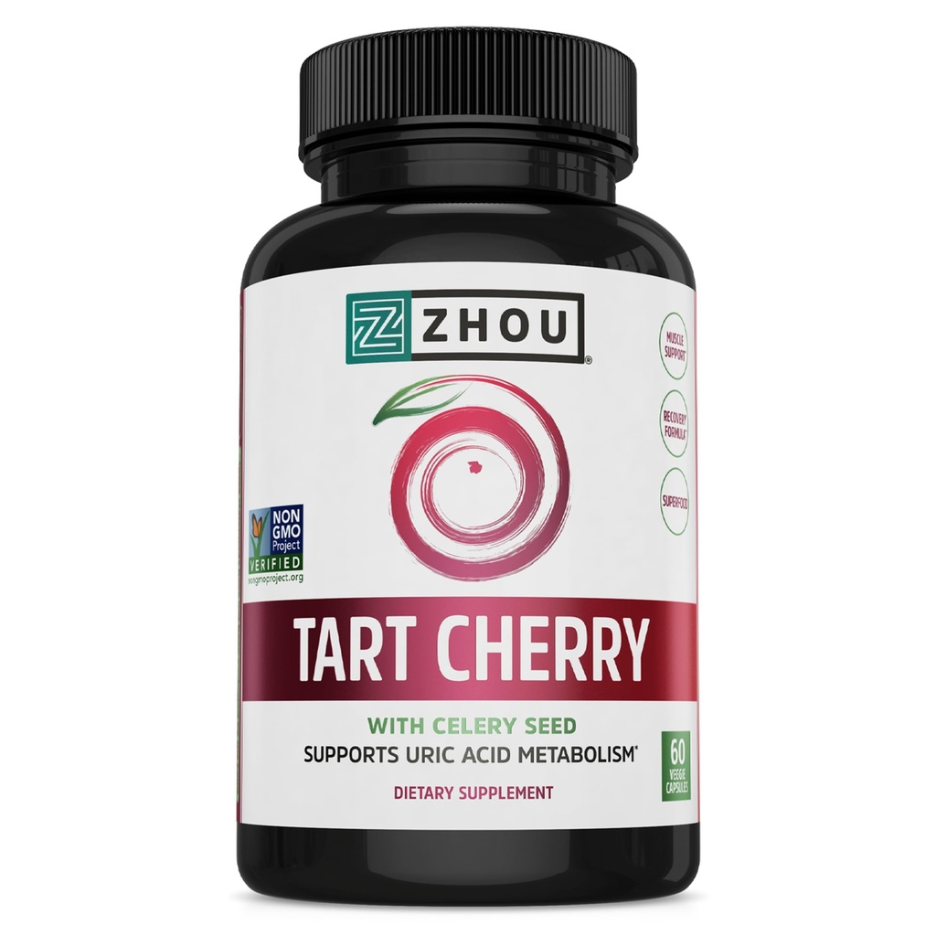 Zhou Tart Cherry Extract + Celery Seed - 남성 및 여성을위한 Tart Cherry 캡슐, 수면 및 우릭 산성 클렌징, 알약 당 1000mg - 60 Veggie 캡슐 (1 팩)