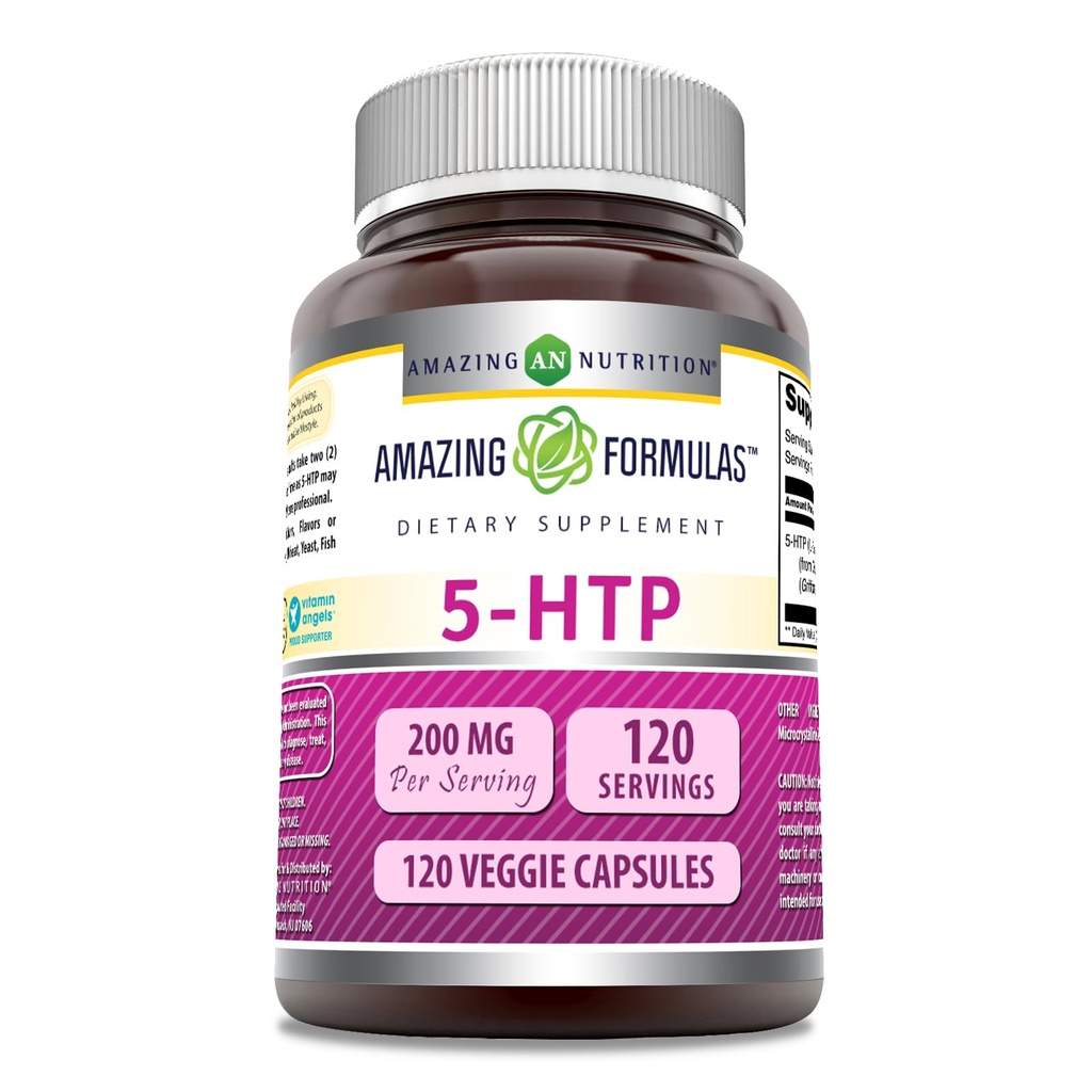 놀라운 수식 5-HTP (L-5-Hydroxytryptophan) 보충 | 서빙 당 200 Mg | Veggie 캡슐 | 비 GMO | 글루텐 프리 | 미국 (1 팩 | 120 개)