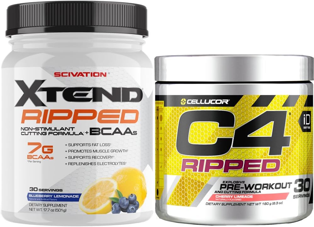 Cellucor C4는 전 운동 분말 + 뚱뚱한 가열기, 체리 Limeade, 30의 서빙 + Scivation Xtend Ripped BCAA 분말, Blueberry Lemonade, 30의 서빙을 찢었습니다