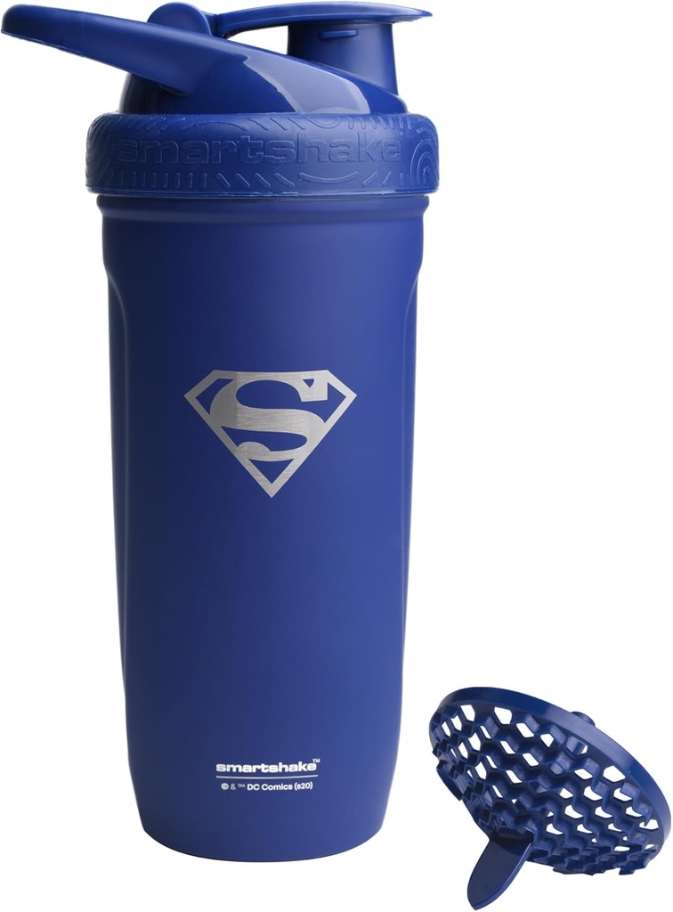 Smartshake DC COMICS 강화 스테인레스 스틸 단백질 셰이커 병 900 ml | 30 온스 - 누설 나사 - 온 뚜껑 - BPA 무료 - Unisex - 비 절연 - Superman 로고