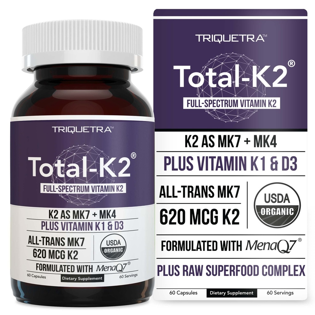 Total K2® | 비타민 K2 as MK7 & MK4 | Plus K1 & 비타민 D3 Cofactor - 620 mcg K2 per 서빙 - MenaQ7® - Full-Spectrum Vitamin K - Vegan, 유기농 인증 (60 캡슐)