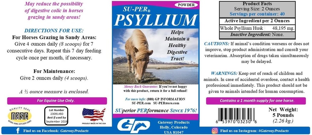 SU-PER Psyllium Horse Digestion Supplement - 말에서 건강한 소화 태아 유지 - Intestinal Tract에서 모래 & 먼지 제거 - 5 파운드, (2 팩)