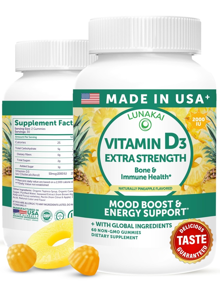 Lunakai USA Made Vitamin D3 Gummies 2000 IU - Non-GMO, Gluten-Free Vitamin D Gummies for Women & Men - Bone, 면역 및 에너지 지원, 60ct