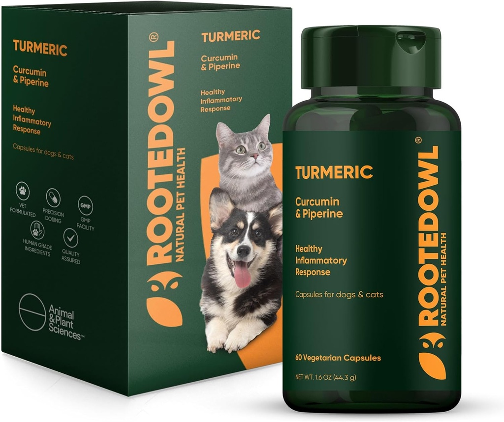 Rooted Owl Turmeric - 개와 고양이를위한 심황 보충 - Curcumin, Piperine 및 비타민 C 항 염증 완화 - 60/ct