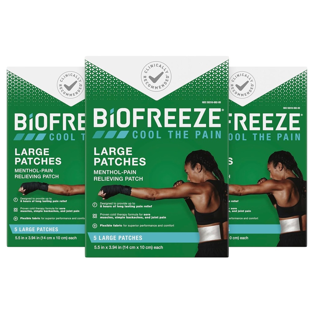 Biofreeze 통증 완화 패치, 관절염 통증 완화, 무릎 및 허리 통증 완화 패치, 근육 완화, 목 통증 완화, FSA Eligible, 3 팩 (5 Biofreeze Menthol 패치)