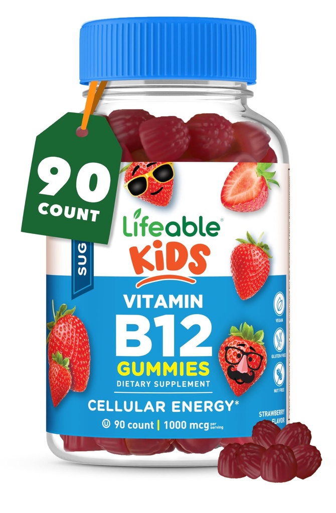 Lifeable Sugar Free Kids Vitamin B12 Gummies | 1000 mcg | 키즈용 B12 비타민 | 에너지, 계류 및 대사 지원 | B 12 비타민 Gummies for Boys and Girls | 90 Gummies