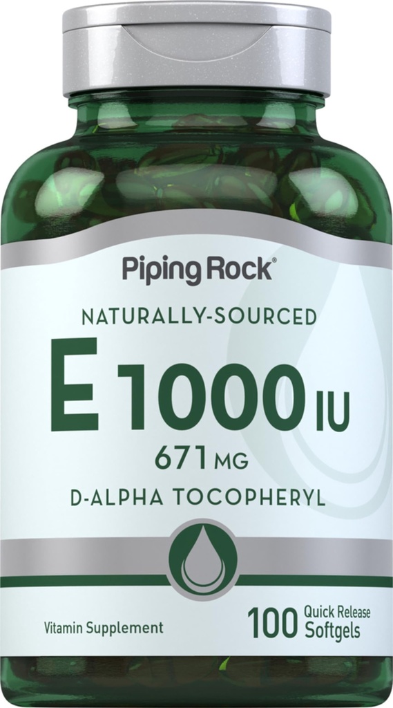 Piping Rock Vitamin E 1000 IU Softgel 캡슐 | 671mg | 100개의 알약 | D-Alpha Tocopheryl 보충교재 | Non-GMO, 글루텐 무료